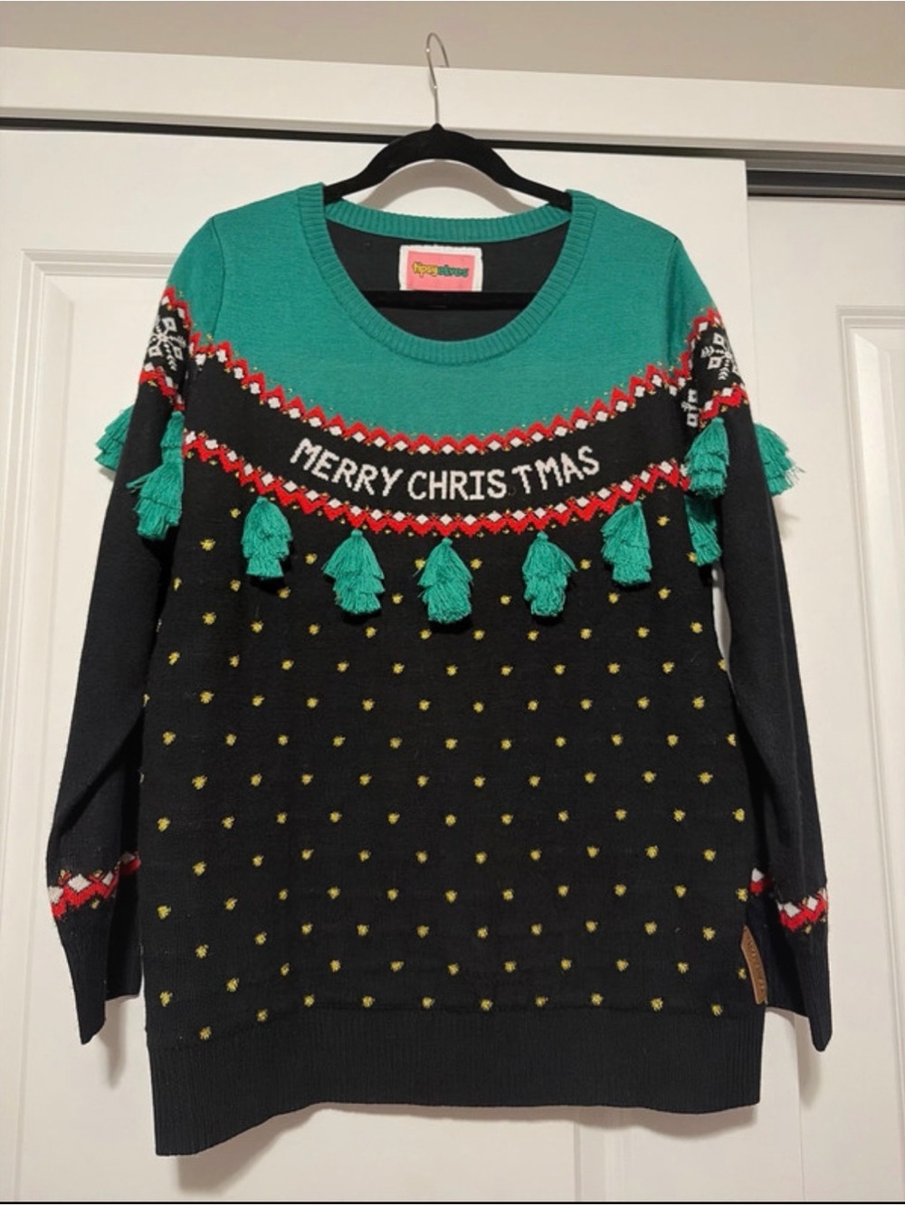 Tipsy Elves Holiday Tassel Sweater - Black & Teal "Merry Christmas"